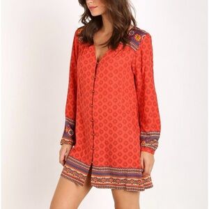 MinkPink Boho Queen Indie Long Sleeve V-Neck Mini Dress Tribal Print Size Small